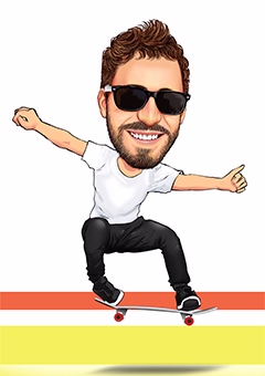 Karikatur Mann auf Skateboard mit Sonnenbrille in cooler Trick-Pose