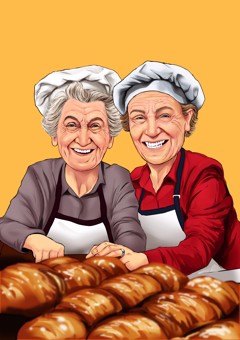 Karikatur zwei Rentnerinnen als Bäckerinnen mit frischen Broten im Cartoon-Stil