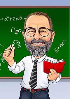 Lehrer Karikatur vor Schultafel mit Formeln hält Buch und Kreide