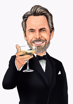 Karikatur Mann im Smoking hält ein Martiniglas beim festlichen Anstoßen